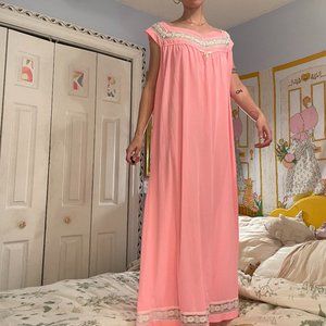 Neon pink white lace 1960 vintage night gown slip dress